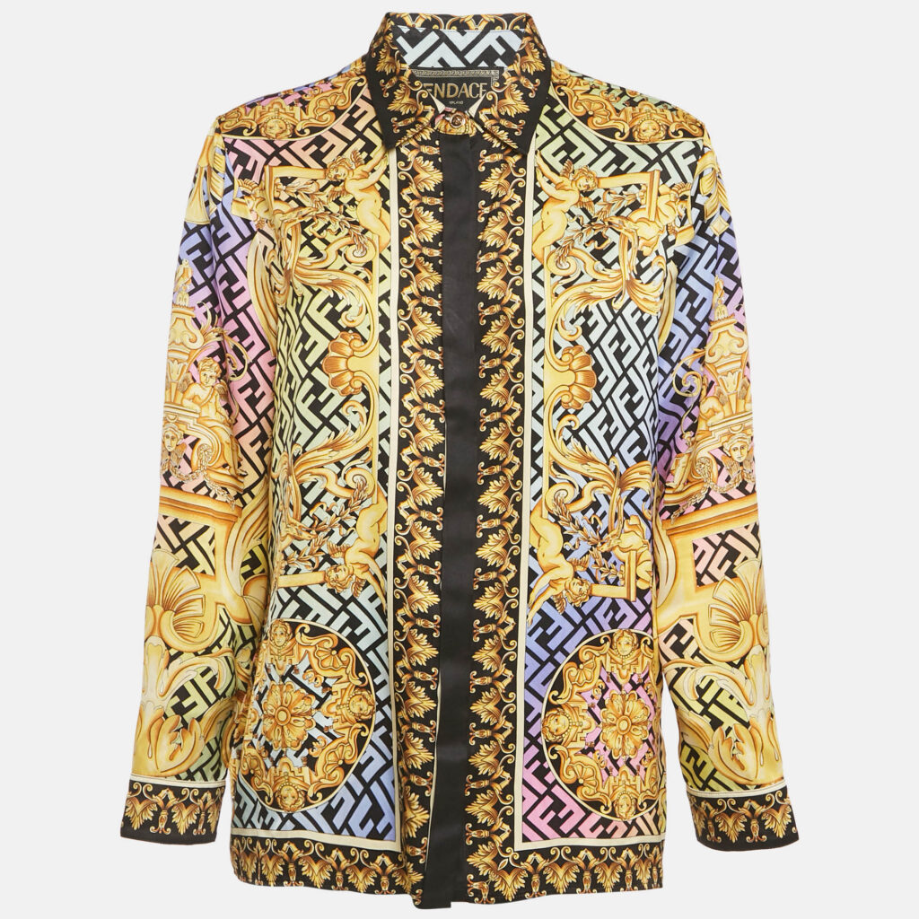 Fendi X Versace Fendace Multicolor Logo Printed Silk Shirt L Fendi X Versace Fendace Multicolor Logo Printed Silk Shirt L