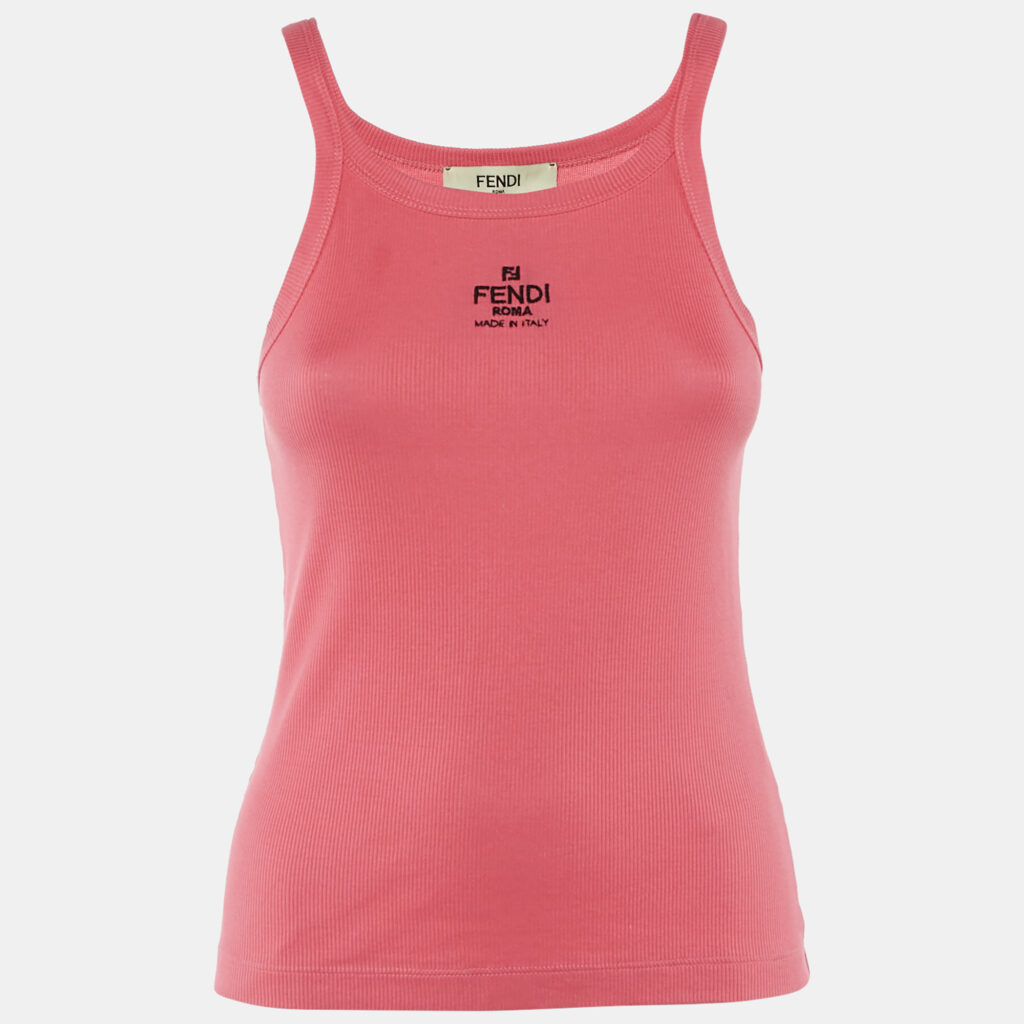 Fendi Coral Pink Logo Embroidered Rib Knit Tank Top S Fendi Coral Pink Logo Embroidered Rib Knit Tank Top S