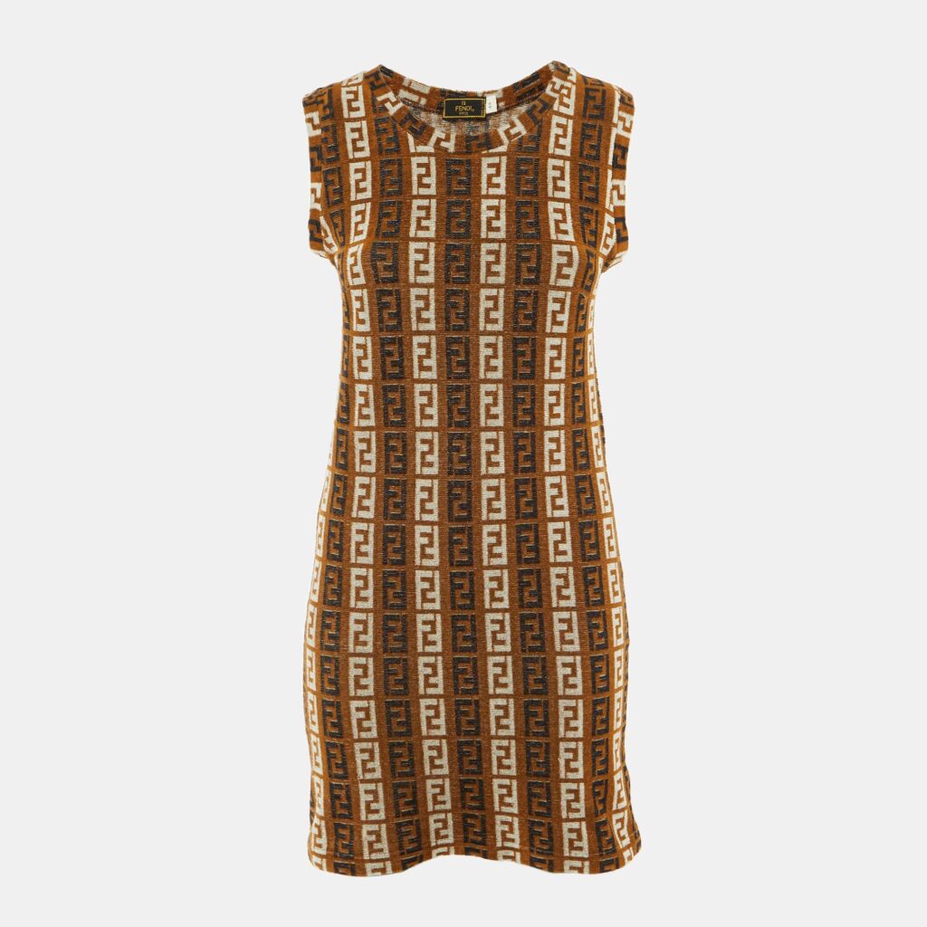 Fendi Mare Vintage Brown Zucca Pattern Terry Cotton Shift Dress M Fendi Mare Vintage Brown Zucca Pattern Terry Cotton Shift Dress M