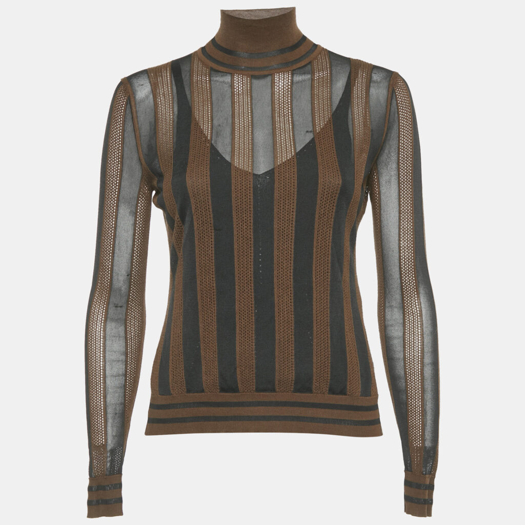 Fendi Brown/Black Striped Knit Turtle Neck Top S