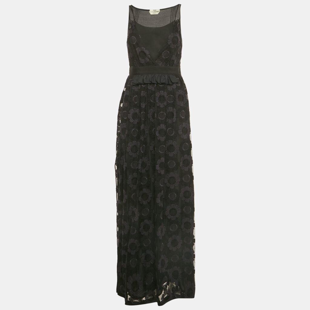 luxury-women-fendi-used-clothes-p1244470-002.jpg Fendi Black Floral Embroidered Mesh & Silk Maxi Dress S