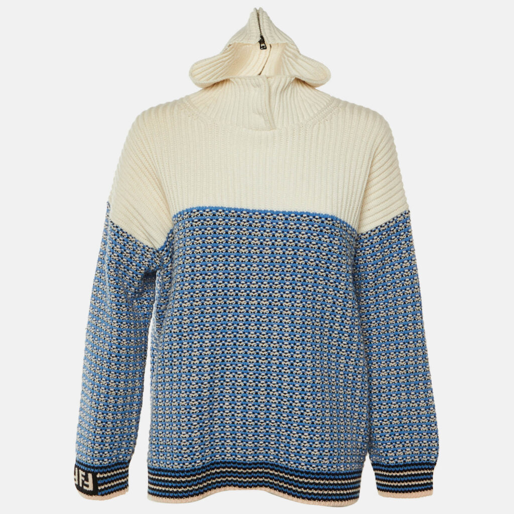 Fendi Blue Wool & Cashmere Knit Hooded Pullover S Fendi Blue Wool & Cashmere Knit Hooded Pullover S
