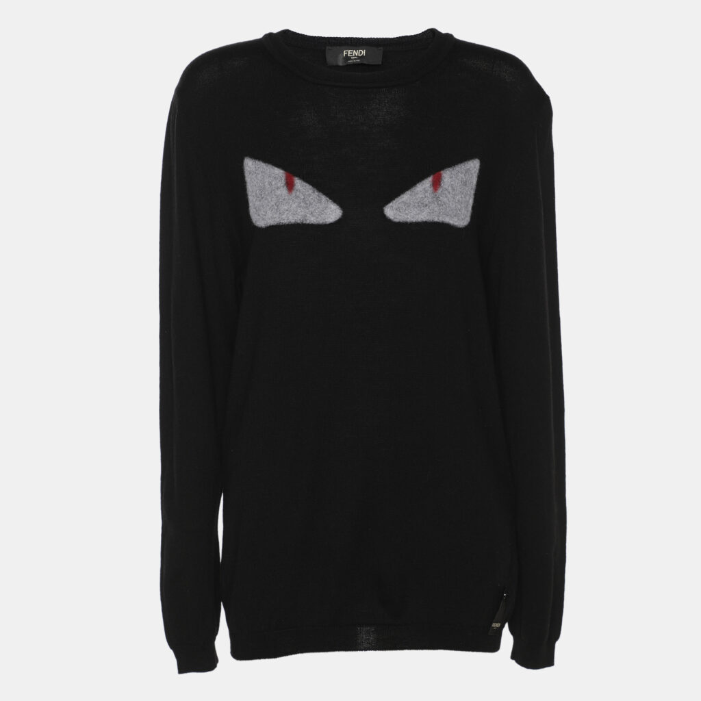 Fendi Black Wool Monster Eye Applique Detail Sweatshirt L Fendi Black Wool Monster Eye Applique Detail Sweatshirt L