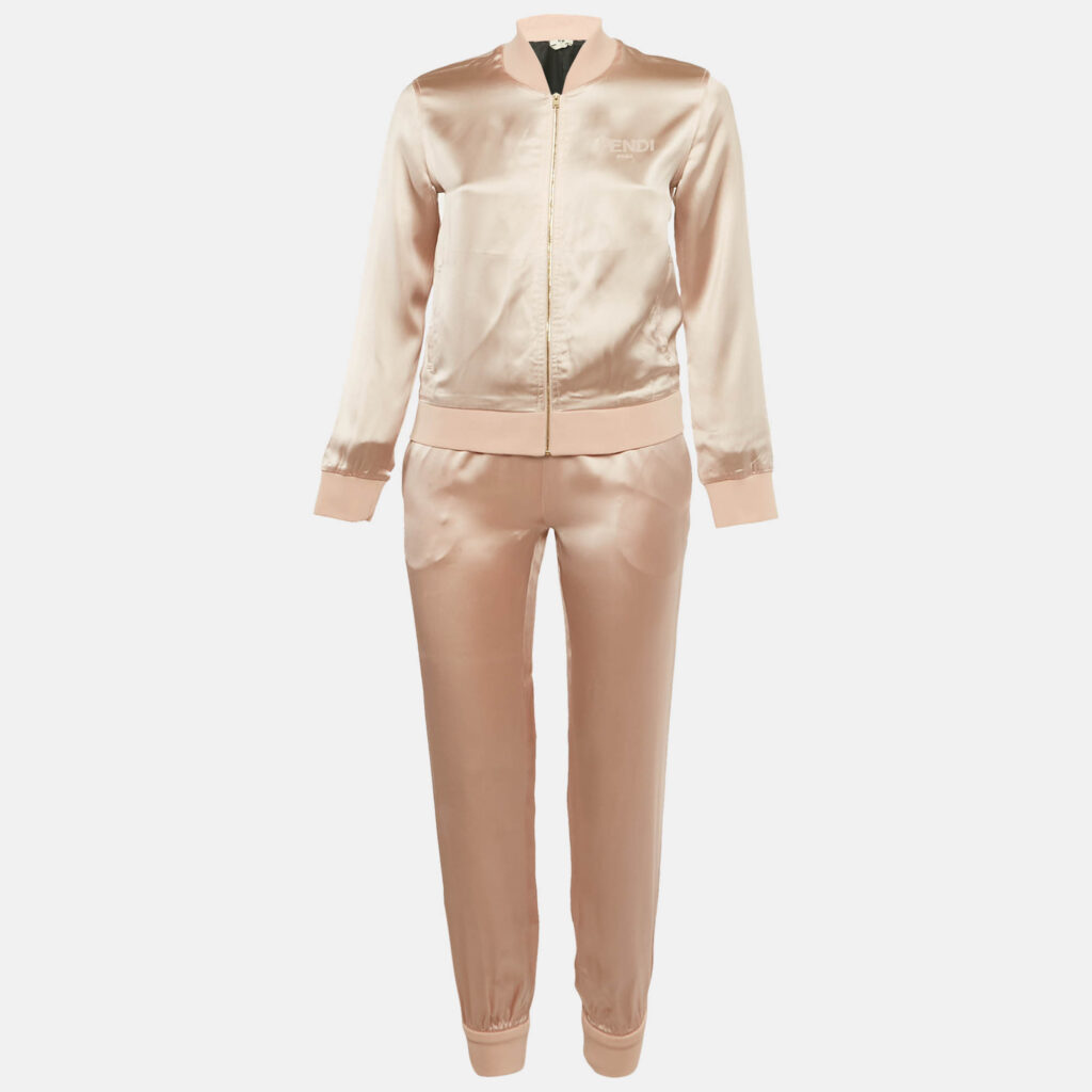 Fendi Pink Satin Zip-Up Jacket and Pants Set S