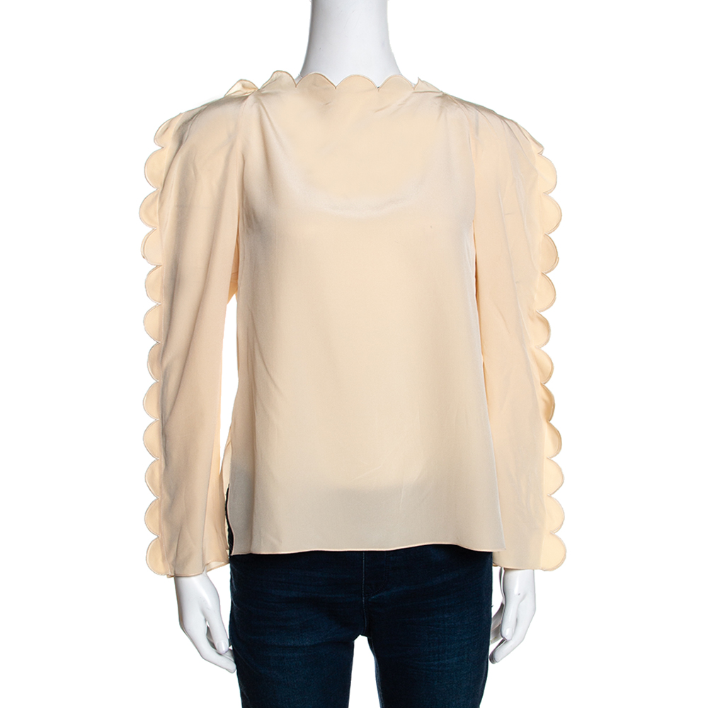 Fendi Cream Silk Scalloped Long Sleeve Blouse S Fendi Cream Silk Scalloped Long Sleeve Blouse S