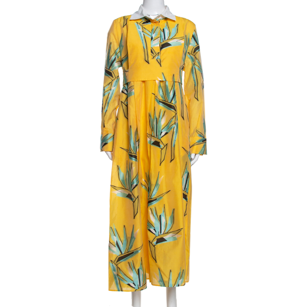 Fendi Yellow Silk Jacquard Birds of Paradise Flower Dress M Fendi Yellow Silk Jacquard Birds of Paradise Flower Dress M