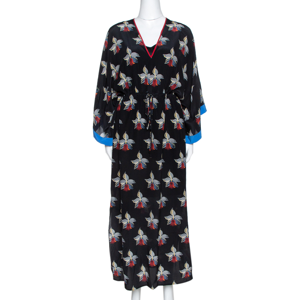 Fendi Black Orchid Print Silk Oversized Maxi Kaftan S Fendi Black Orchid Print Silk Oversized Maxi Kaftan S