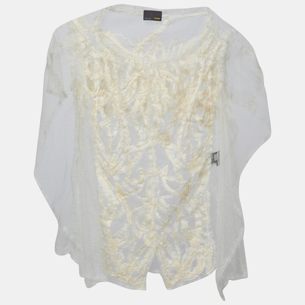 Fendi Cream Patterned Tulle Cape Sleeve Top M Fendi Cream Patterned Tulle Cape Sleeve Top M