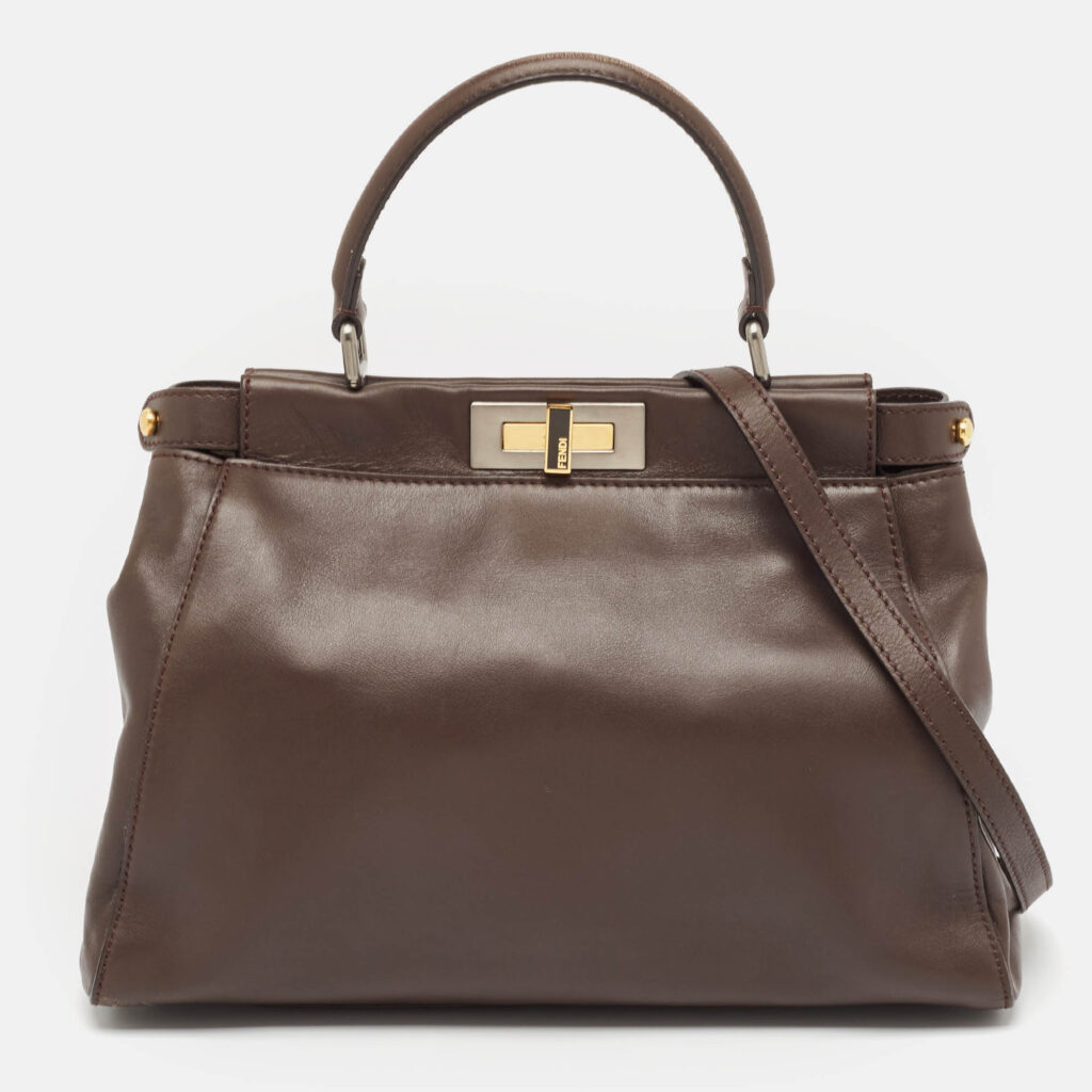 Fendi Dark Brown Leather Medium Peekaboo Top Handle Bag