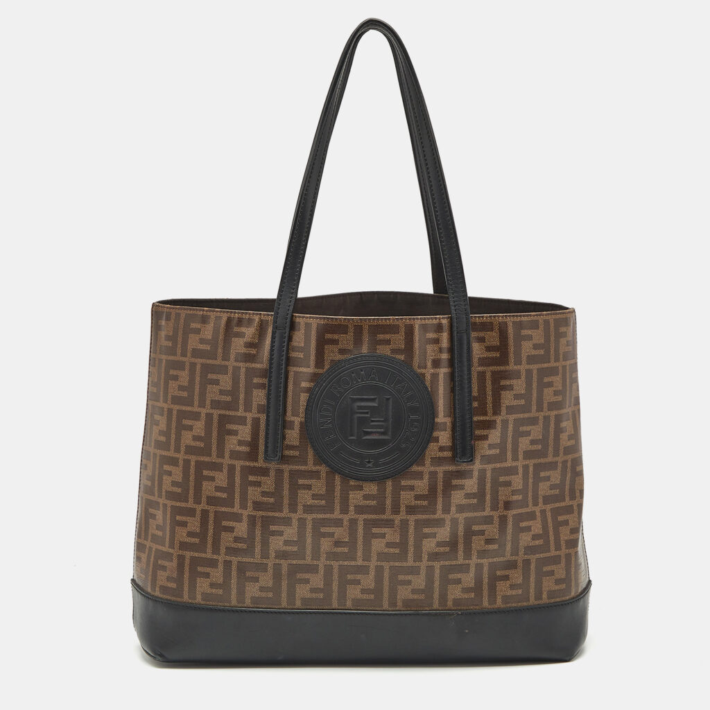 Fendi Brown/Black Zucca Coated Canvas and Leather FF 1974 Stamp Patch Shopper Tote Fendi Brown/Black Zucca Coated Canvas and Leather FF 1974 Stamp Patch Shopper Tote