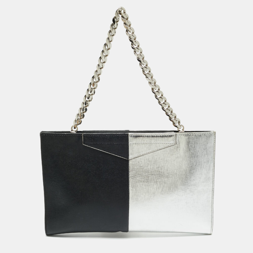 Fendi Silver/Black Leather Grande Chain Pochette