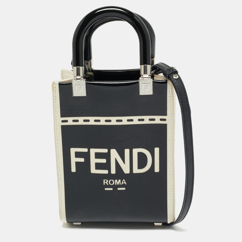 Fendi Black/Cream Patent Leather and Canvas Mini Sunshine Tote Fendi Black/Cream Patent Leather and Canvas Mini Sunshine Tote