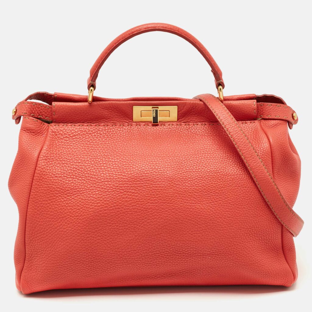 Fendi Coral Orange Selleria Leather Large Peekaboo Tote