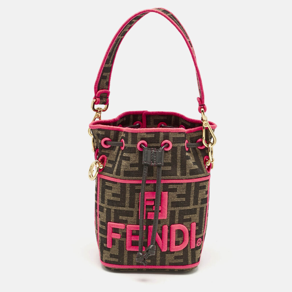 Fendi Neon Pink/Tobacco FF Canvas Mini Mon Tresor Drawstring Bucket Bag Fendi Neon Pink/Tobacco FF Canvas Mini Mon Tresor Drawstring Bucket Bag