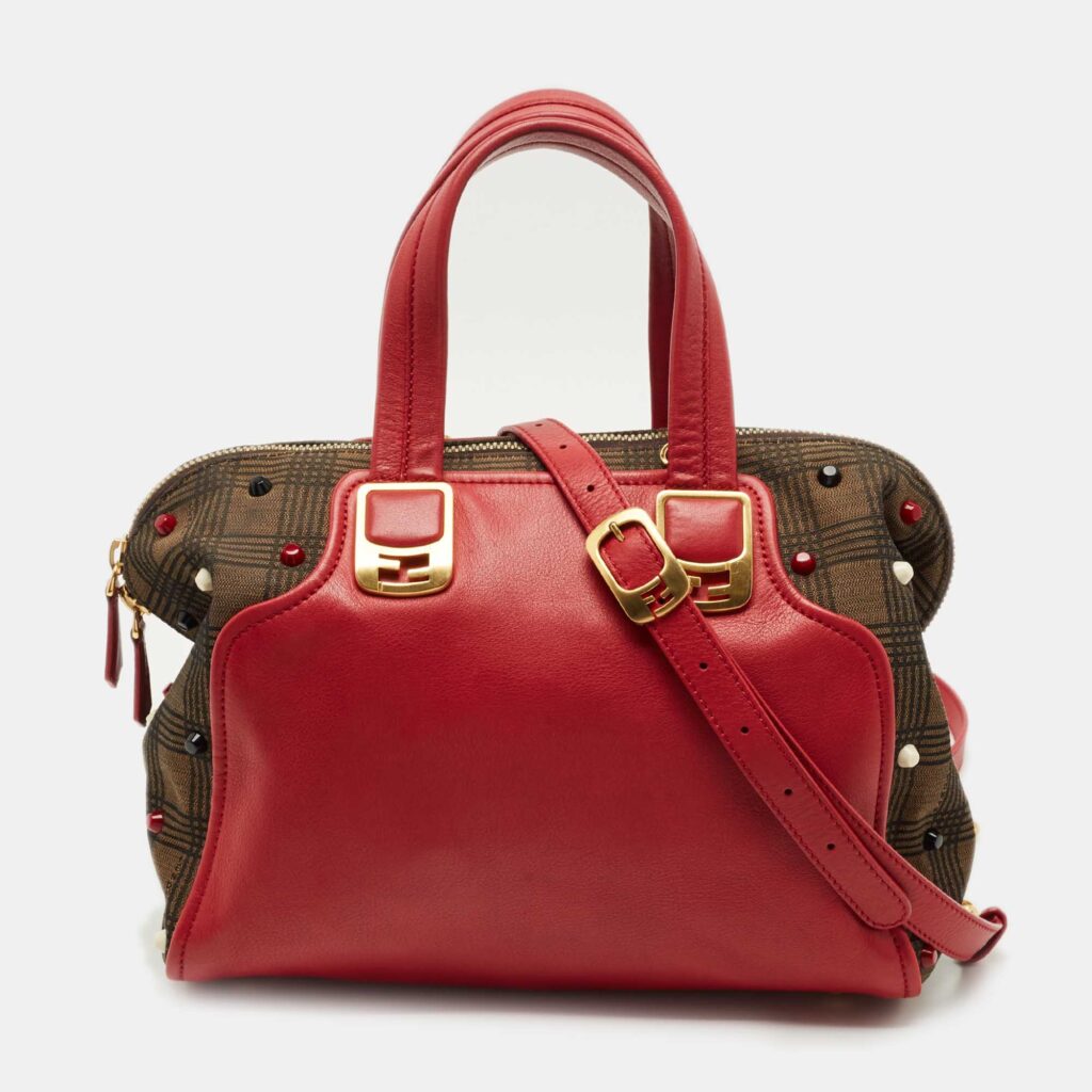 Fendi Red/Tobacco Leather and Fabric Small Studded Chameleon Satchel Fendi Red/Tobacco Leather and Fabric Small Studded Chameleon Satchel