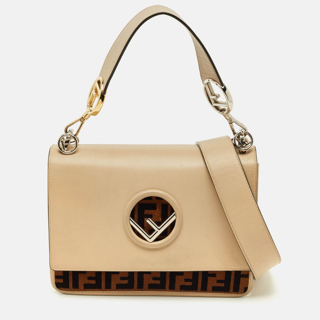 Fendi Beige/Brown Leather and FF Velvet Kan I F Logo Top Handle Bag Fendi Beige/Brown Leather and FF Velvet Kan I F Logo Top Handle Bag