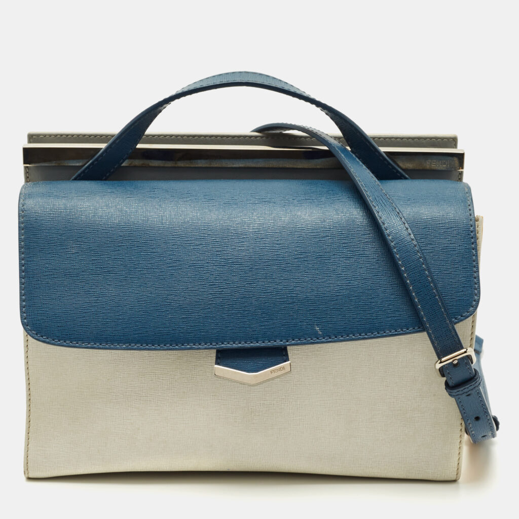 Fendi Blue/White Leather Mini Demi Jour Top Handle Bag