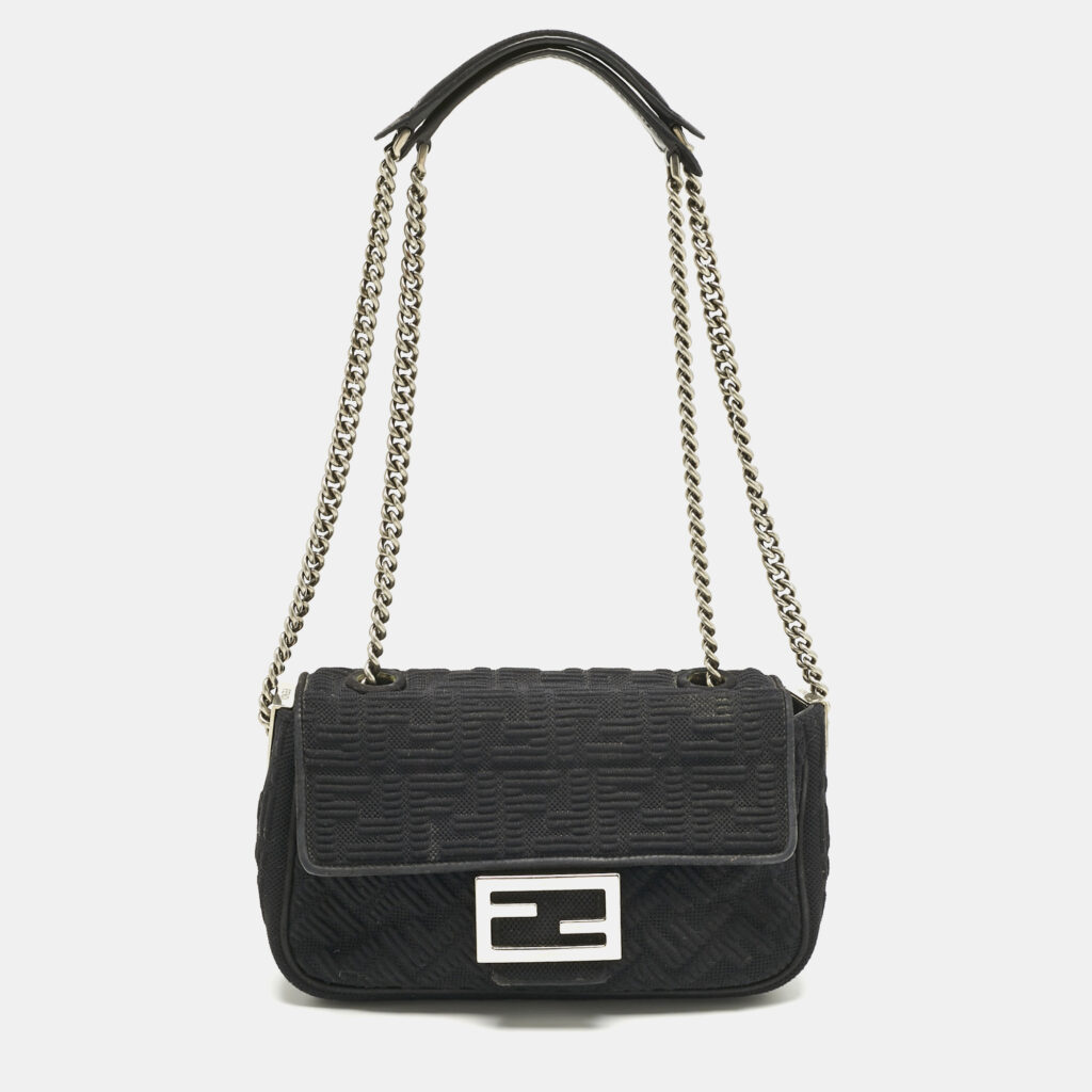 Fendi Black Zucca Embossed Fabric Mini Baguette Chain Crossbody Bag Fendi Black Zucca Embossed Fabric Mini Baguette Chain Crossbody Bag