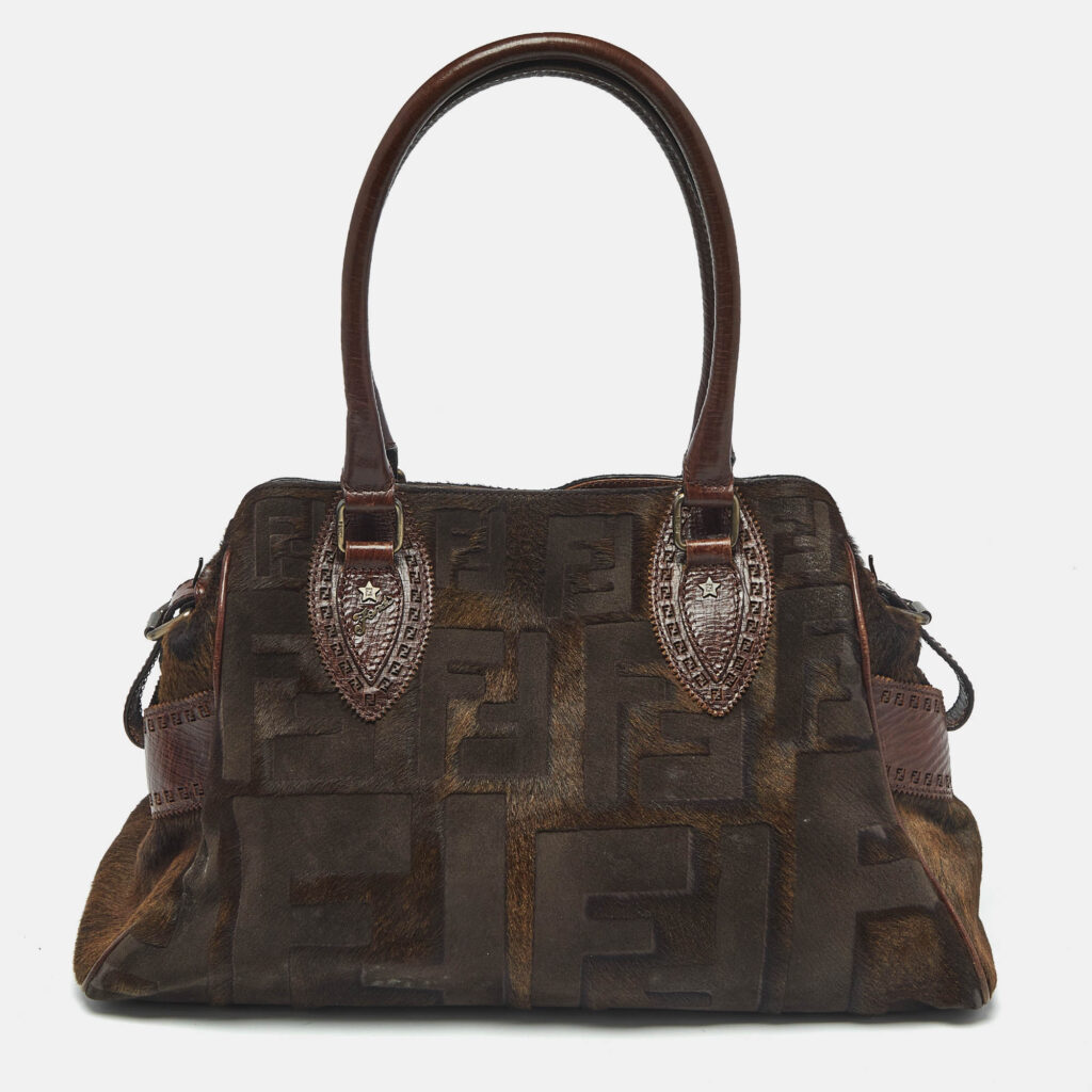 Fendi Dark Brown FF Calf Hair and Leather Medium Du Jour Satchel