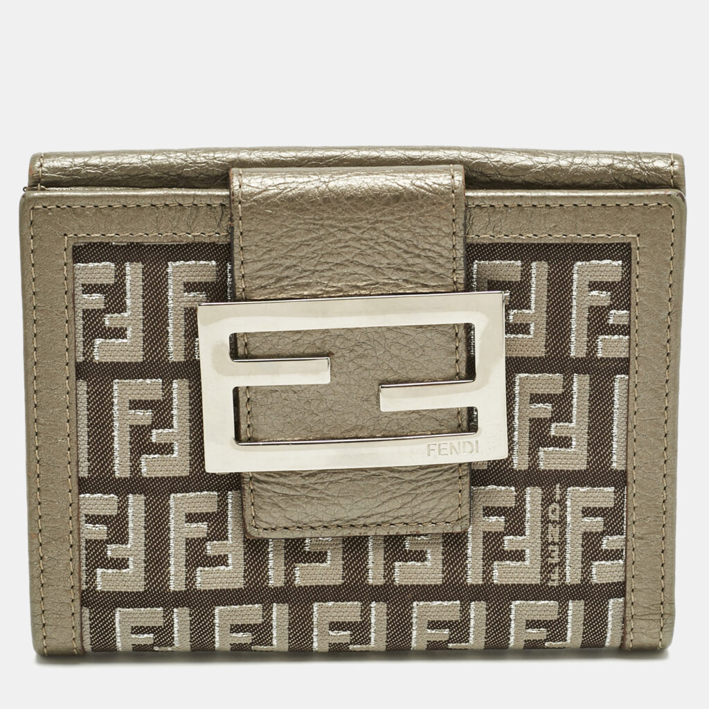 Fendi Metallic Zucca Fabric and Leather French Flap Compact Wallet Fendi Metallic Zucca Fabric and Leather French Flap Compact Wallet