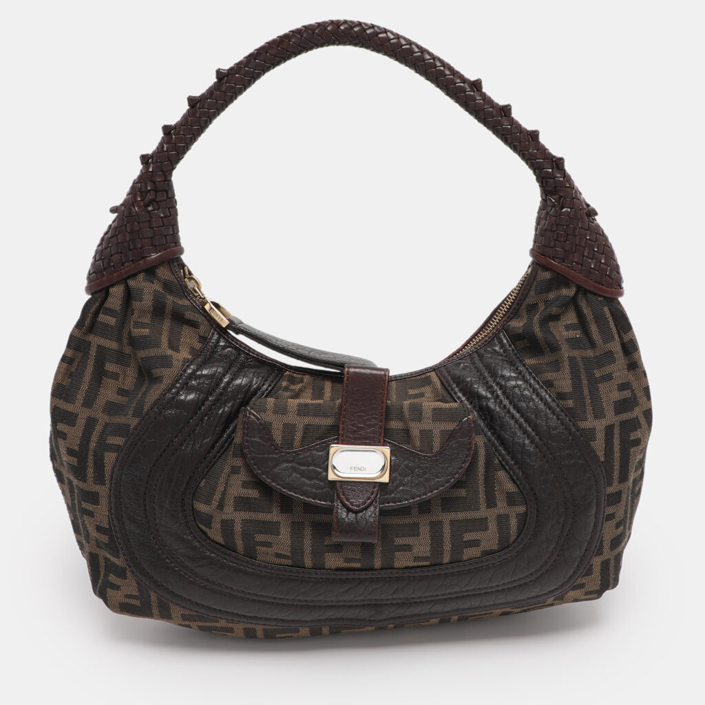 luxury-women-fendi-used-handbags-p1222040-001.jpg Fendi Tobacco Zucca Canvas and Leather Spy Moro Hobo