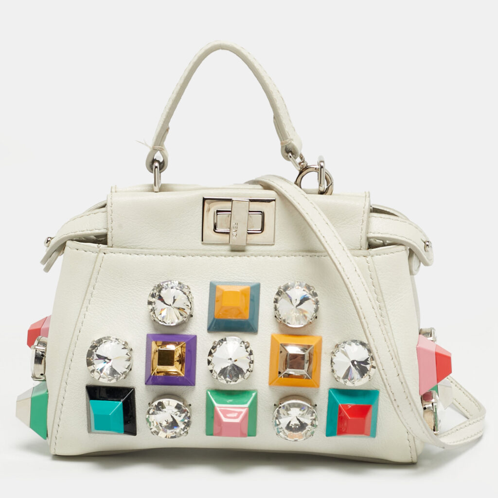 Fendi White Leather Micro Peekaboo Embellished Crossbody Bag Fendi White Leather Micro Peekaboo Embellished Crossbody Bag