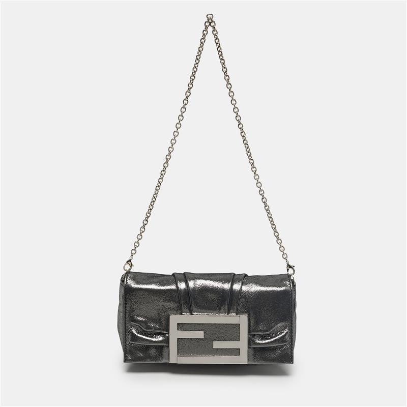 Fendi Metallic Grey Shimmer Leather Mia Pochette Bag Fendi Metallic Grey Shimmer Leather Mia Pochette Bag