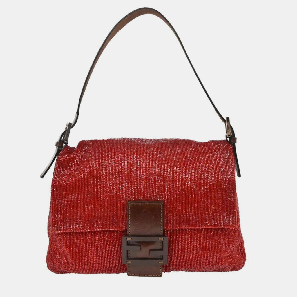 Fendi Red Beaded Mamma Baguette Handbag