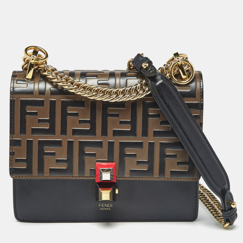Fendi Black/Brown Zucca Leather Small Kan I Chain Shoulder Bag
