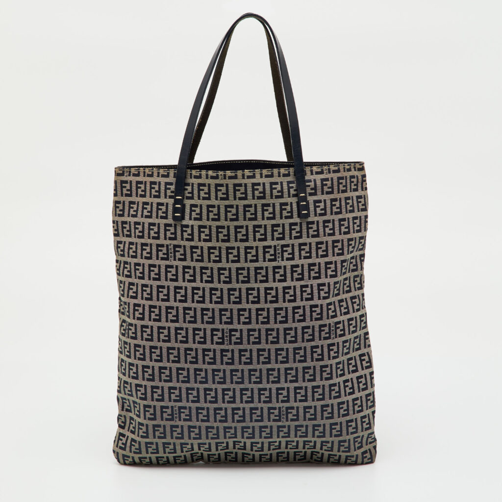 Fendi Navy Blue/Beige Zucchino Canvas and Leather Vintage Shopper Tote