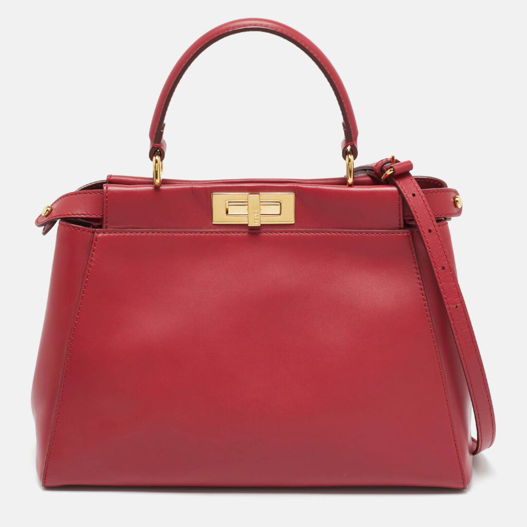 Fendi Red Leather and Beaded Lined Medium Peekaboo Top Handle Bag