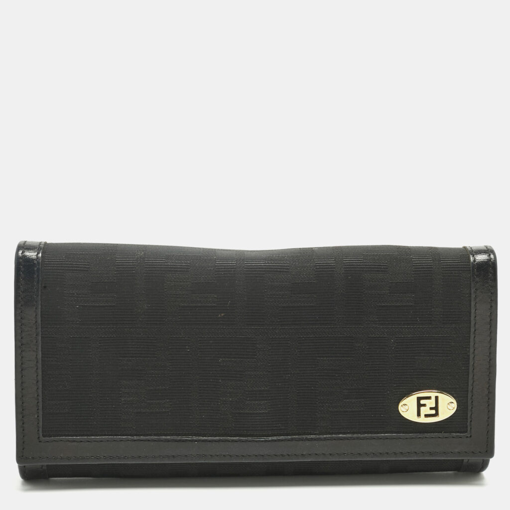 Fendi Black Zucca Fabric and Leather Logo Trifold Continental Wallet