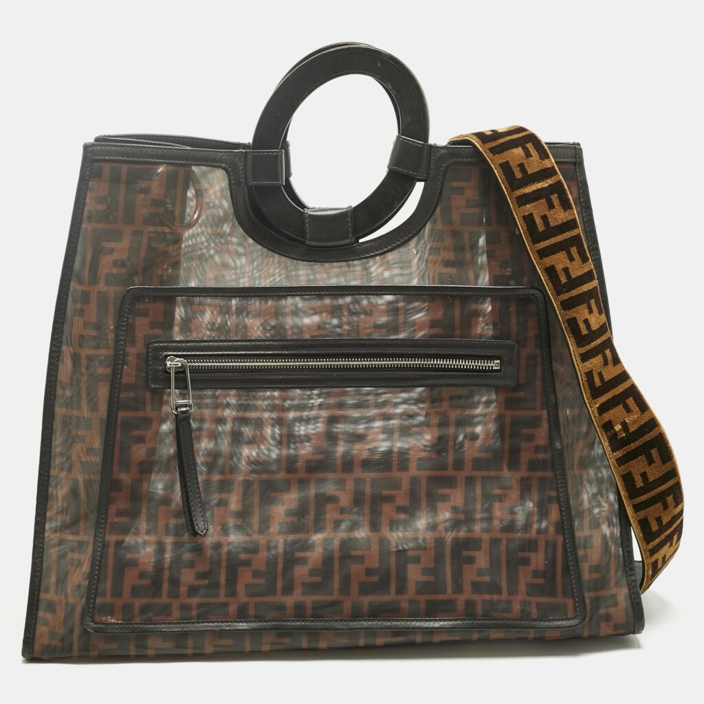 luxury-women-fendi-used-handbags-p1241025-009-1.jpg Fendi Tobacco/Black FF Mesh and Leather Large Runaway Shopper Tote