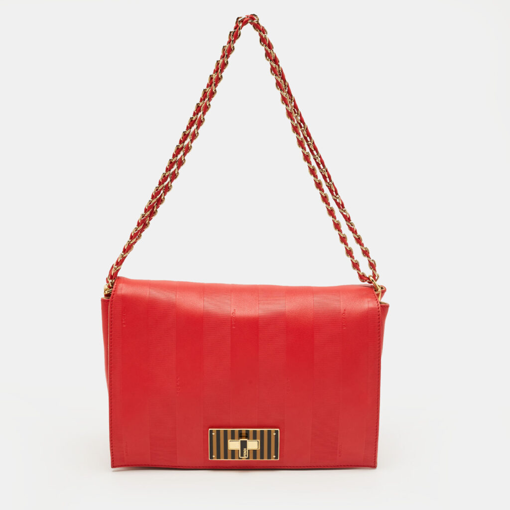 Fendi Red Pequin Embossed Leather Large Claudia Shoulder Bag Fendi Red Pequin Embossed Leather Large Claudia Shoulder Bag