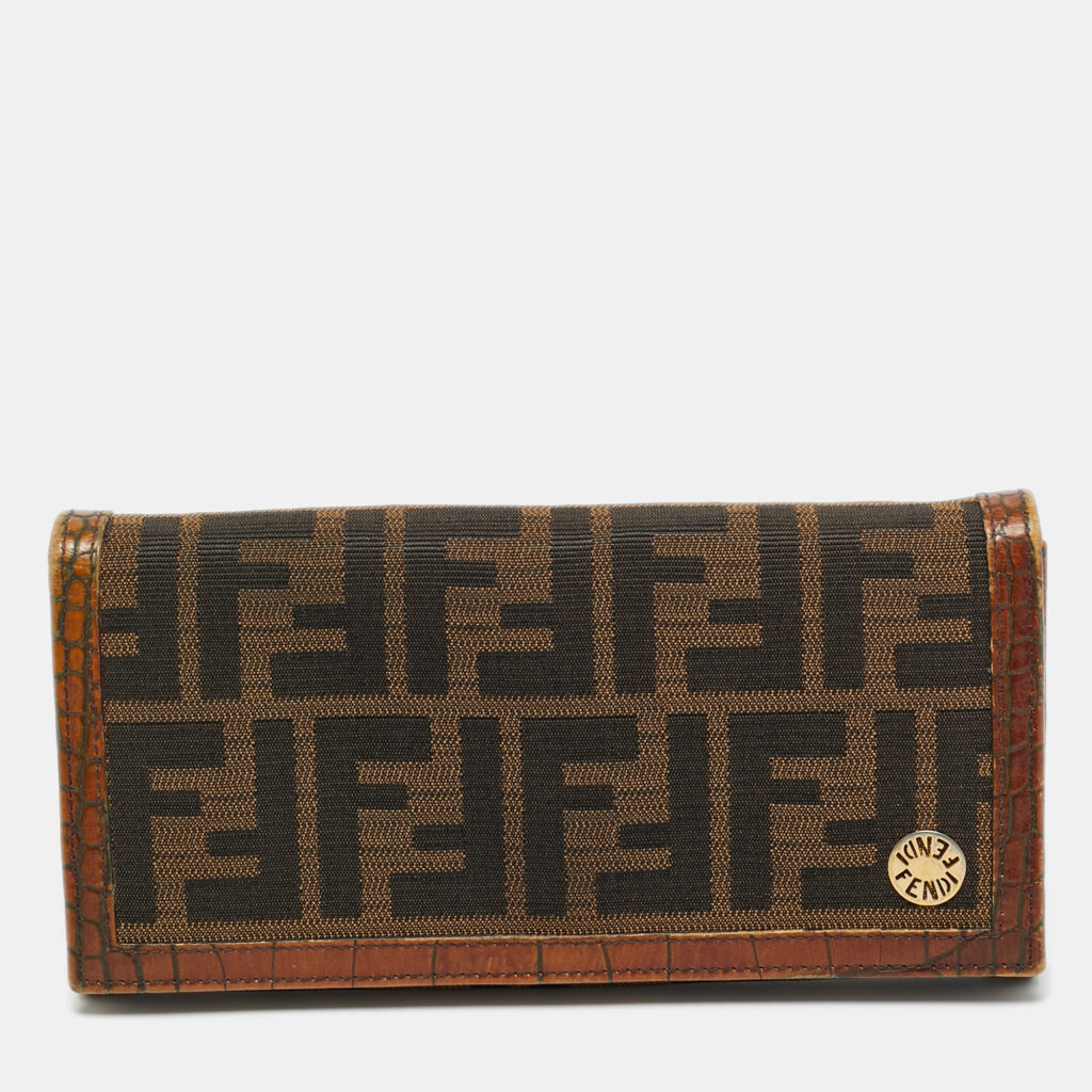 Fendi Tobacco Zucca Canvas and Croc Embossed Leather Flap Continental Wallet Fendi Tobacco Zucca Canvas and Croc Embossed Leather Flap Continental Wallet