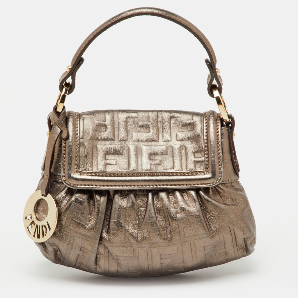 Fendi Metallic Grey FF Embossed Leather Mini Chef Bag Fendi Metallic Grey FF Embossed Leather Mini Chef Bag