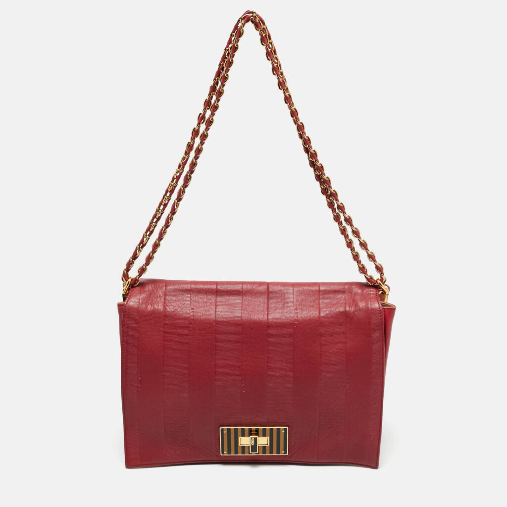 Fendi Red Pequin Embossed Leather Large Claudia Shoulder Bag Fendi Red Pequin Embossed Leather Large Claudia Shoulder Bag