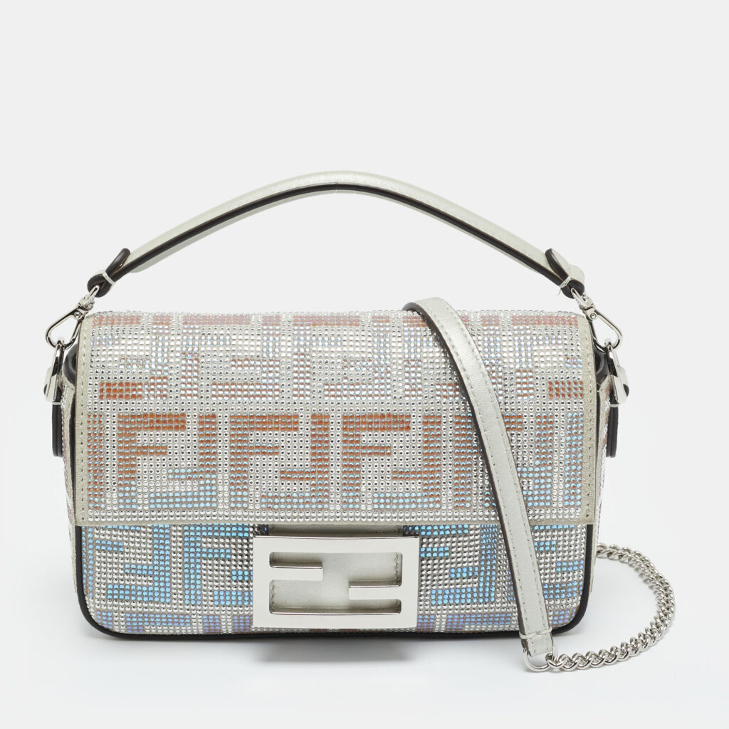 Fendi Silver Suede FF Iridescent Crystals Mini Baguette Bag