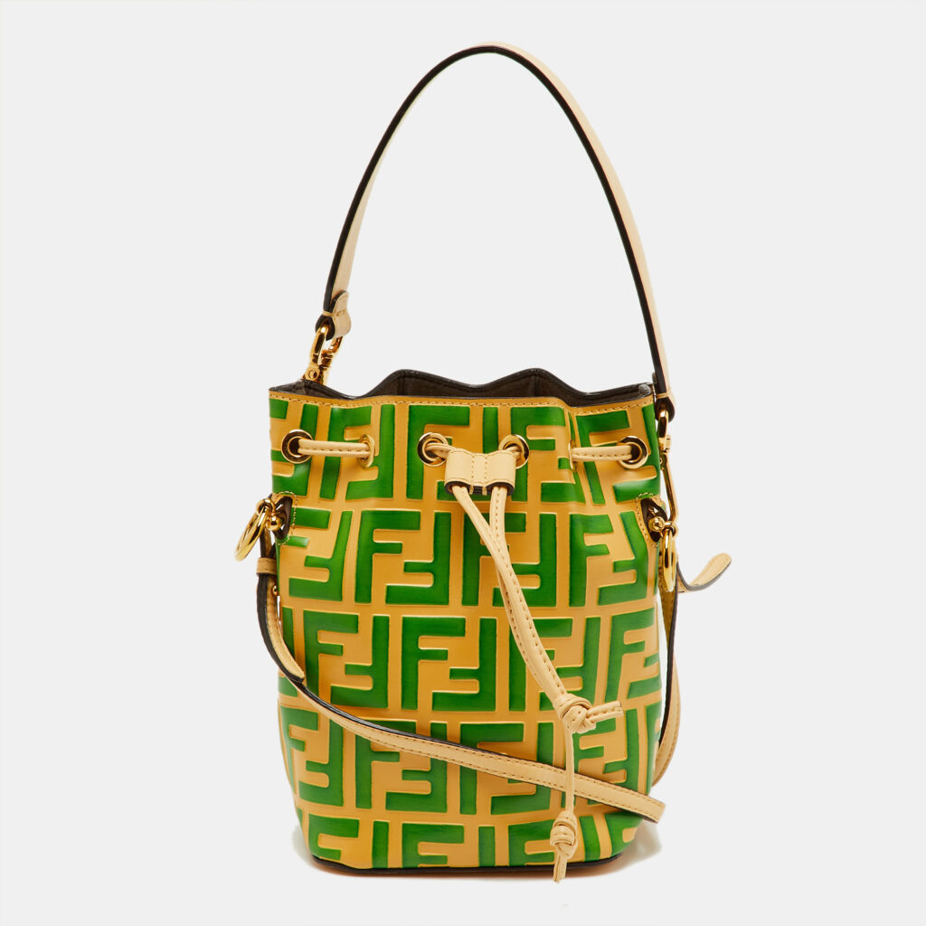 Fendi Cream/Green Zucca Embossed Leather Mini Mon Tresor Bucket Bag Fendi Cream/Green Zucca Embossed Leather Mini Mon Tresor Bucket Bag