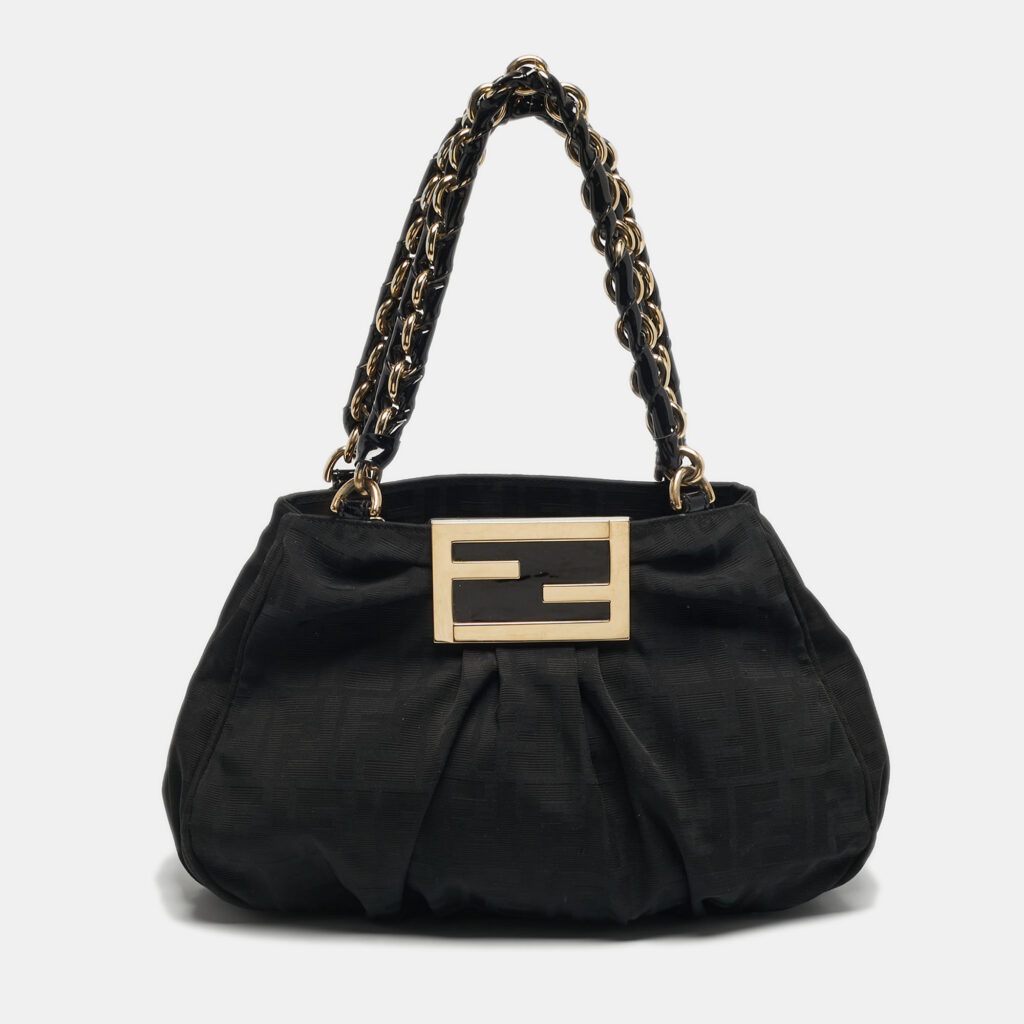 luxury-women-fendi-used-handbags-p1246288-002-1.jpg Fendi Mia Small Black Zucca Canvas and Patent Leather Tote