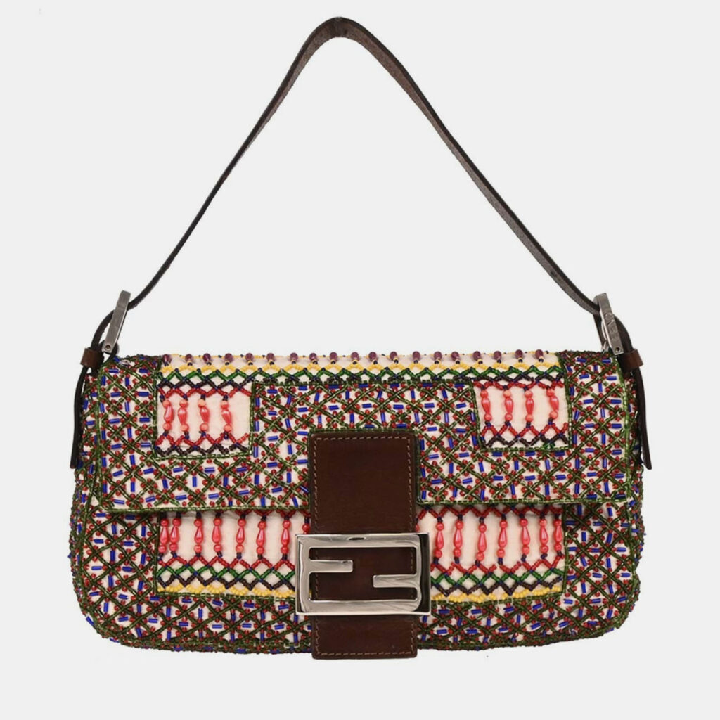 Fendi White Brown Canvas Beads Baguette Handbag