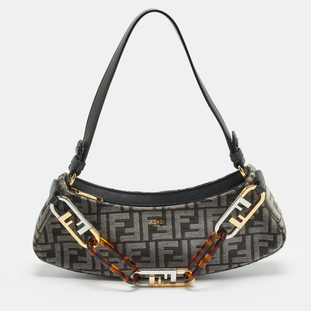 Fendi Swing O'Lock Grey/Black Zucca Velvet and Leather Hobo Fendi Swing O'Lock Grey/Black Zucca Velvet and Leather Hobo