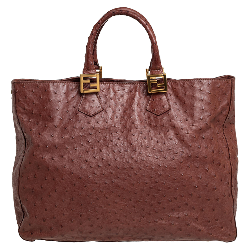 Fendi Dark Brown Ostrich Twins Shopper Tote