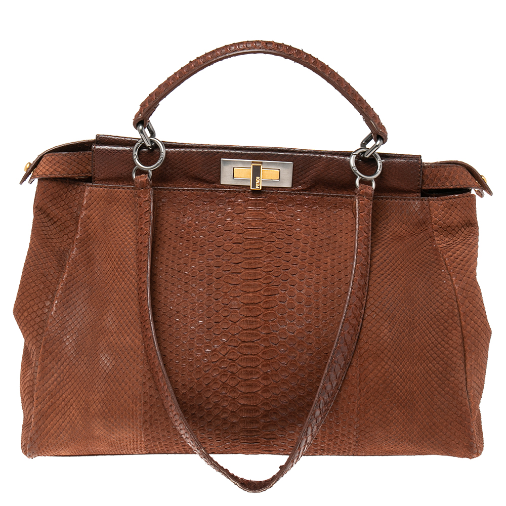 luxury-women-fendi-used-handbags-p582489-013-1.jpg Fendi Cinnamon Brown Python Large Peekaboo Top Handle Bag