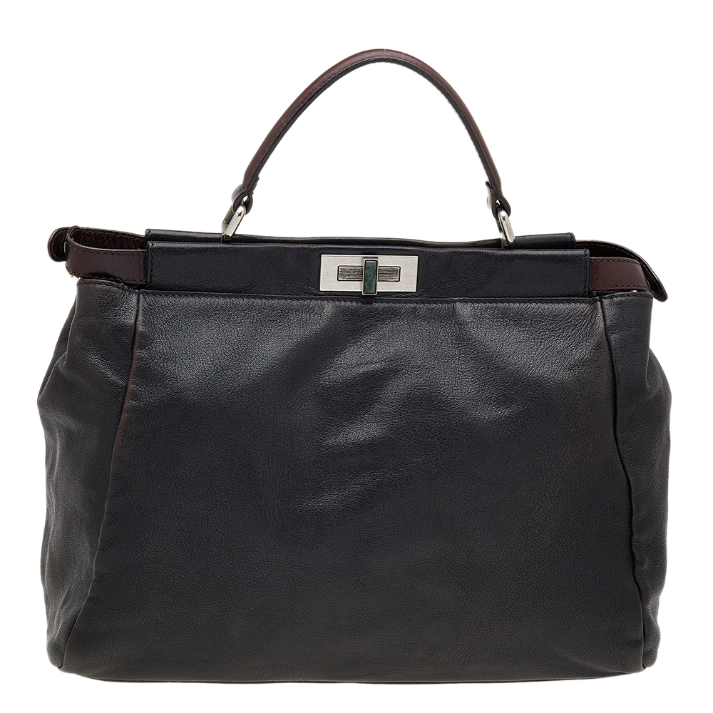 luxury-women-fendi-used-handbags-p611350-006-1.jpg Fendi Black/Dark Brown Leather Large Peekaboo Top Handle Bag