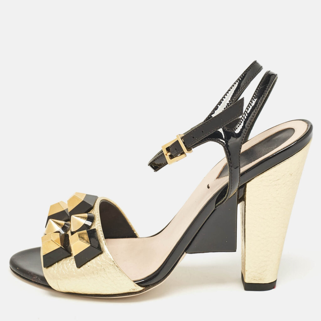 Fendi Gold/Black Leather and Patent Studded Ankle Strap Sandals Size 36 Fendi Gold/Black Leather and Patent Studded Ankle Strap Sandals Size 36
