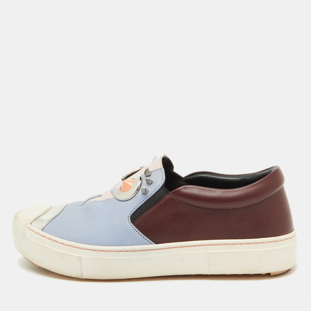 Fendi Multicolor Leather Face Motif Slip On Sneakers Size 37.5