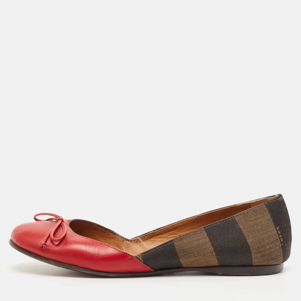 Fendi Brown/Red Leather And Canvas Toe Ballet Flats Size 37
