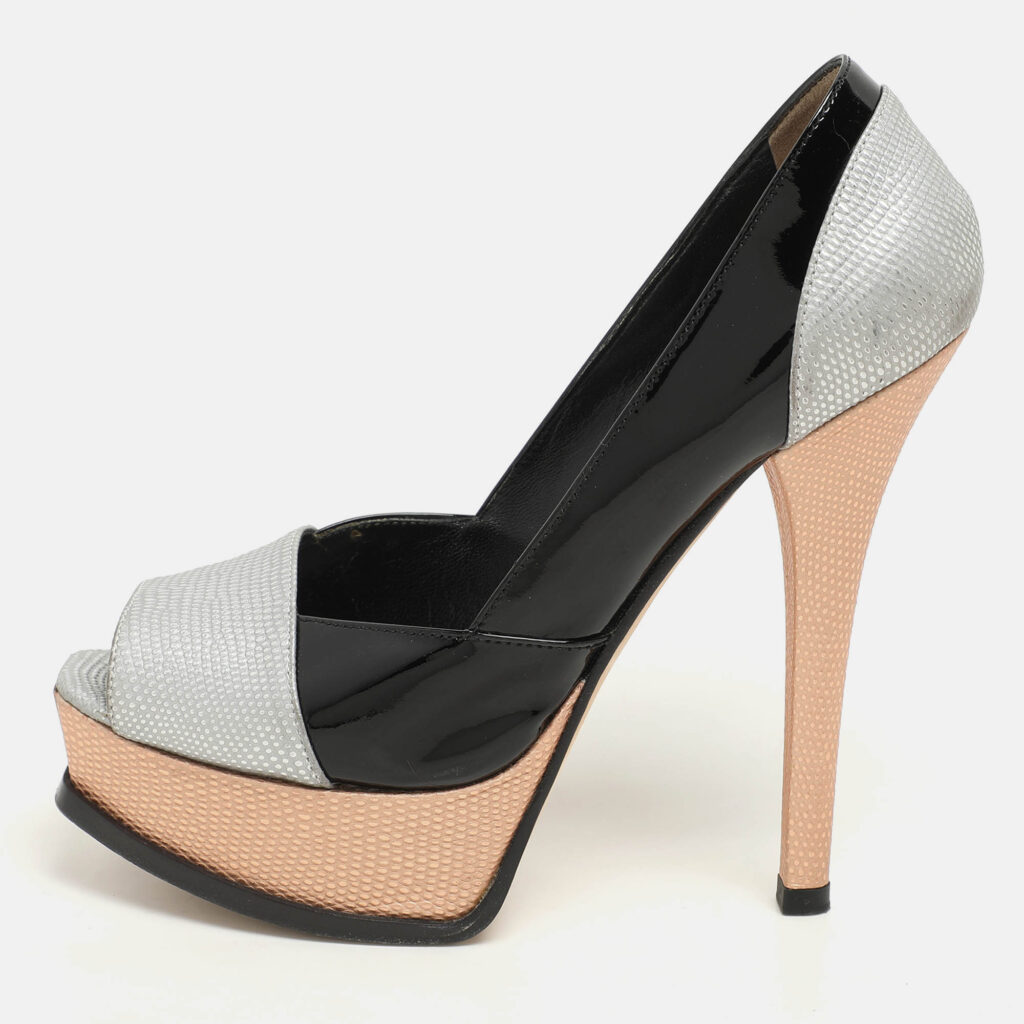 Fendi Black Lizard Embossed Leather and Patent Leather Fendista Platform Pumps Size 37.5 Fendi Black Lizard Embossed Leather and Patent Leather Fendista Platform Pumps Size 37.5