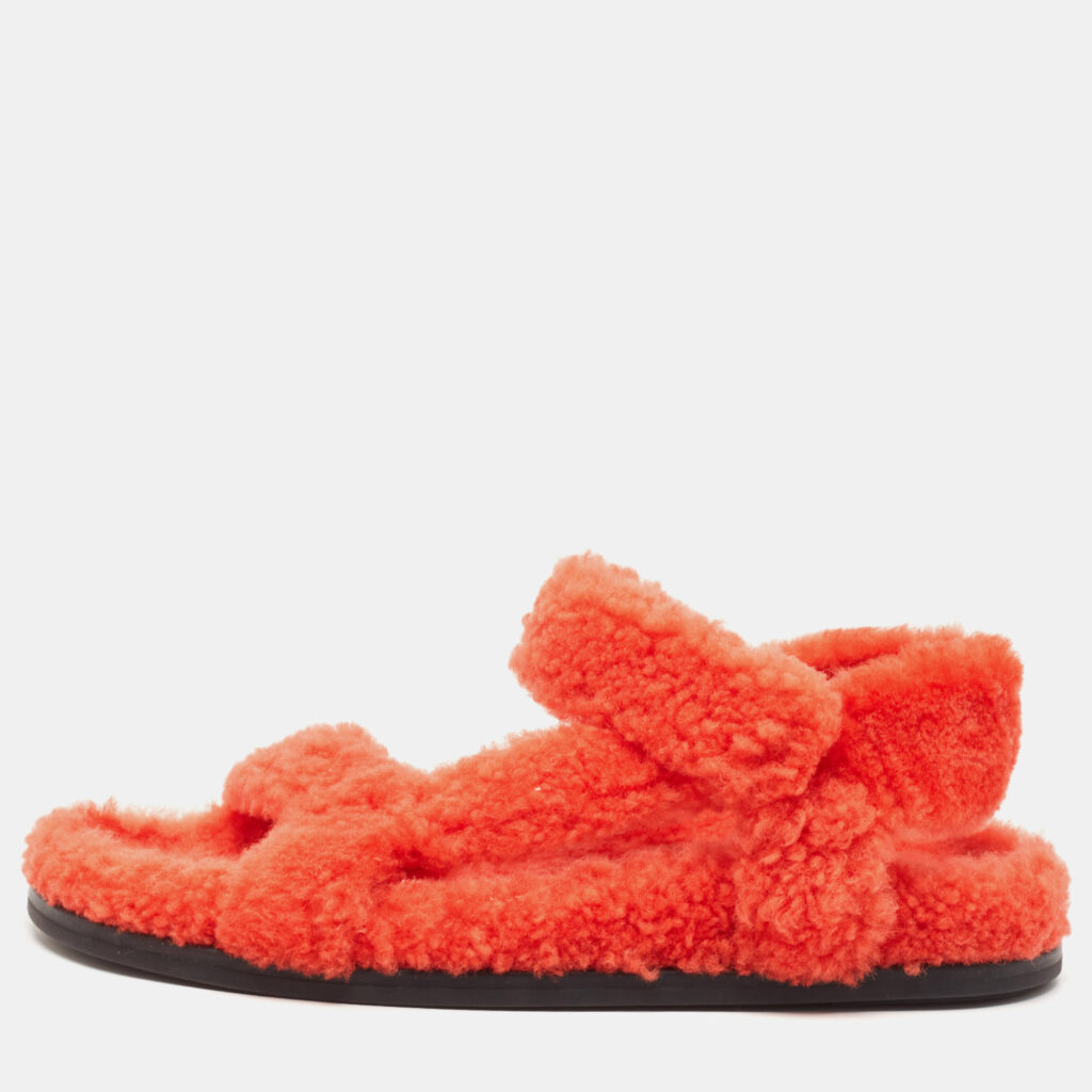 Fendi Red Shearling Fur Ankle Strap Flat Sandals Size 37.5